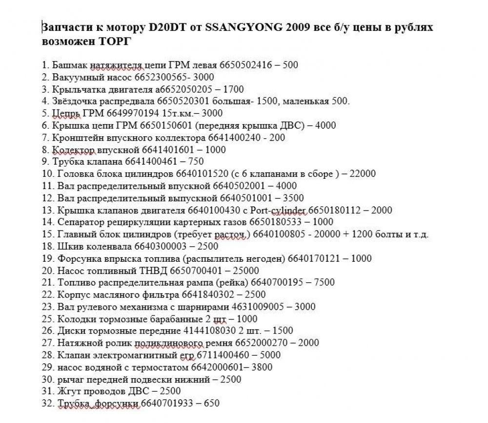 Запчасти к мотору D20DT от SSANGYONG 2009