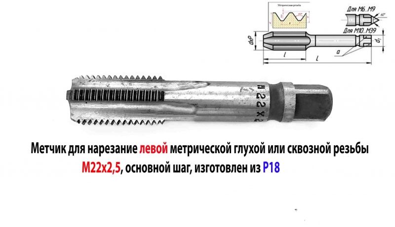Метчик левый М22х2,5LH, м/р, Р18, для глухих отв, основной шаг, 112/37 мм, ГОСТ 3266-81, исп. 2, СССР.